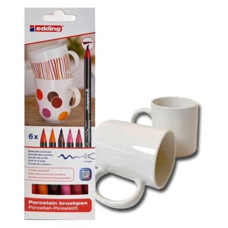 Edding - Porcelæns tusch - Røde nuancer (rød - lys og mørk, orange, pink og brun) inkl. 2 krus