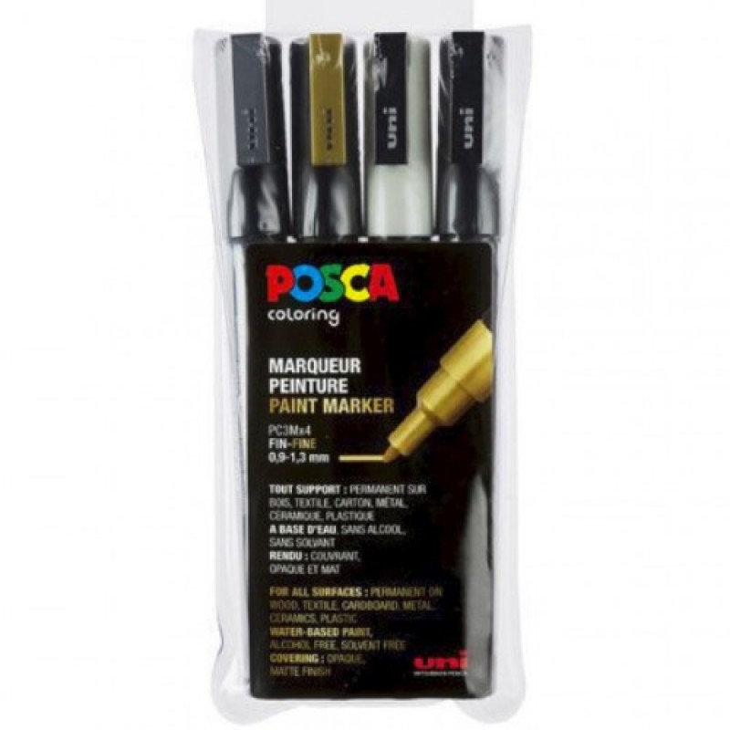 Posca Tusch - PC-3ML - Fin - Pakke med 4 stk.(Guld, sølv, sort og hvid)