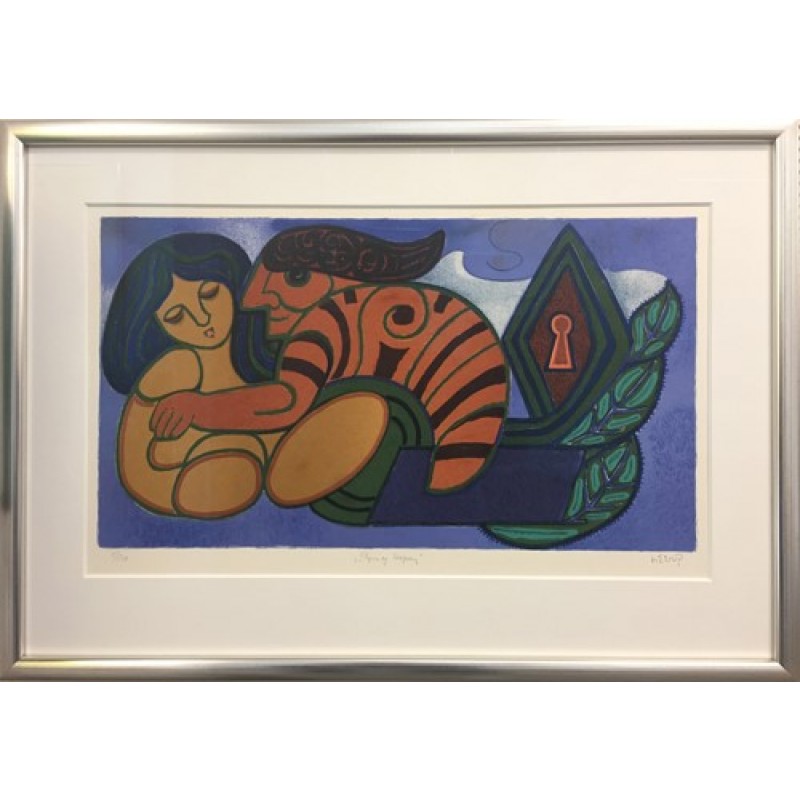 Heerup Litografi - 'Pigen og hvepsen' 5/500 - Med passe partout og Clarity ' usynligt' glas