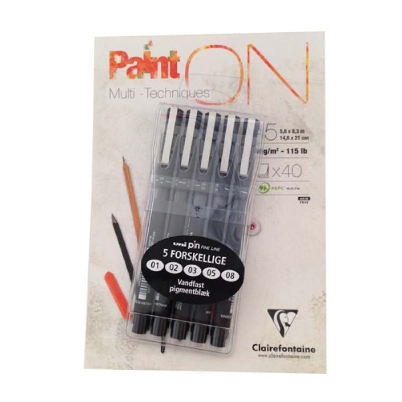 Uni pin fine line marker - sæt med 5 + Paint On blok A5