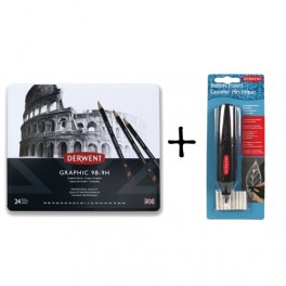 Derwent Graphic sampak - 24 stk blyanter 9B-9H + Derwent elektrisk viskelæder (battery eraser)